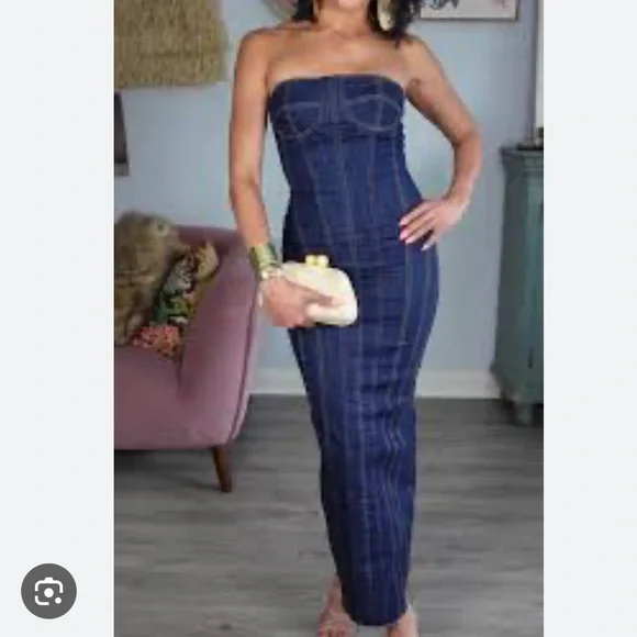 NWT Zara Blue Denim Midi Bustier Corset Party Dress Medium - Picture 5 of 16